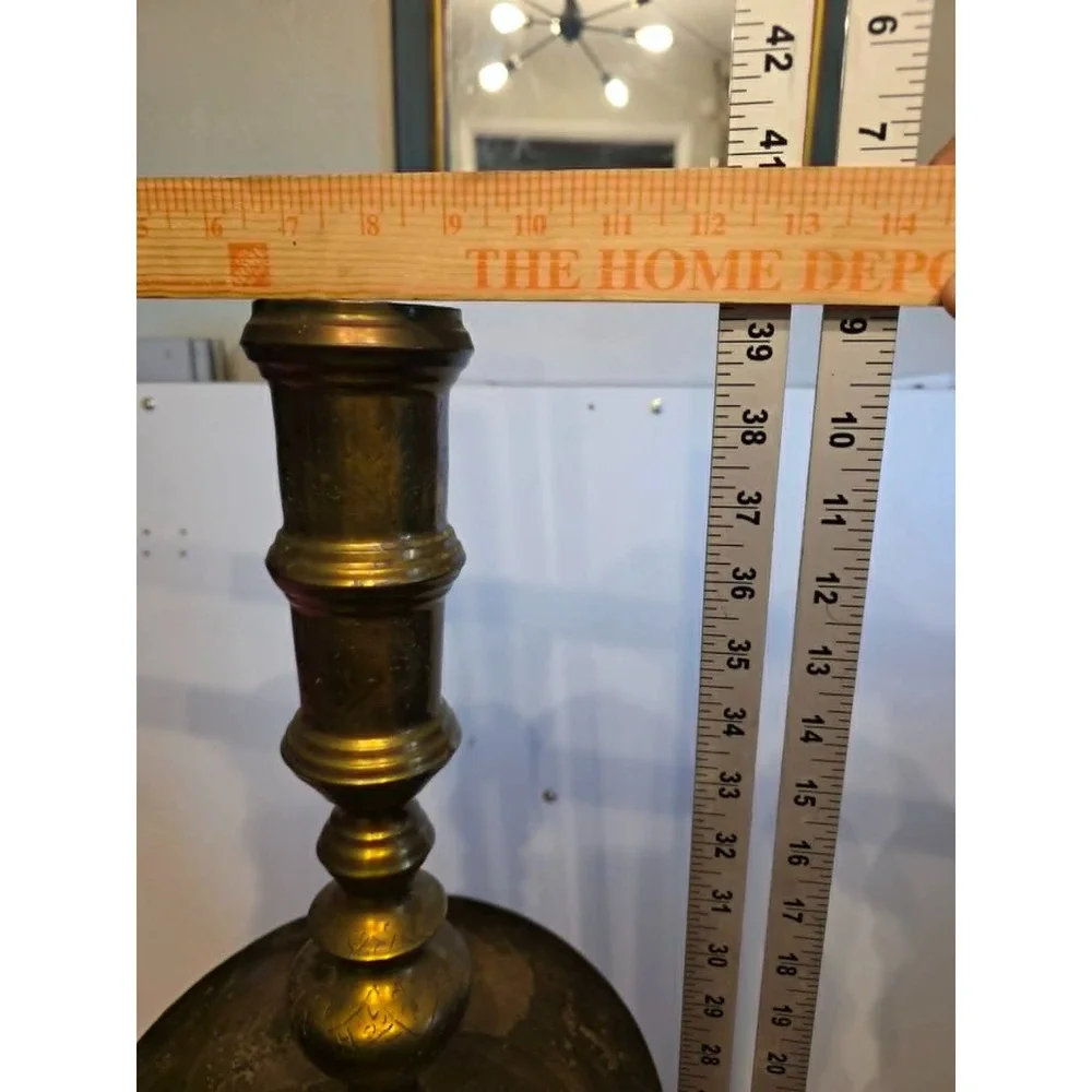 Moroccan Etched Brass Pillar Floor Altar Candlesticks Candle Holders Set Vintage